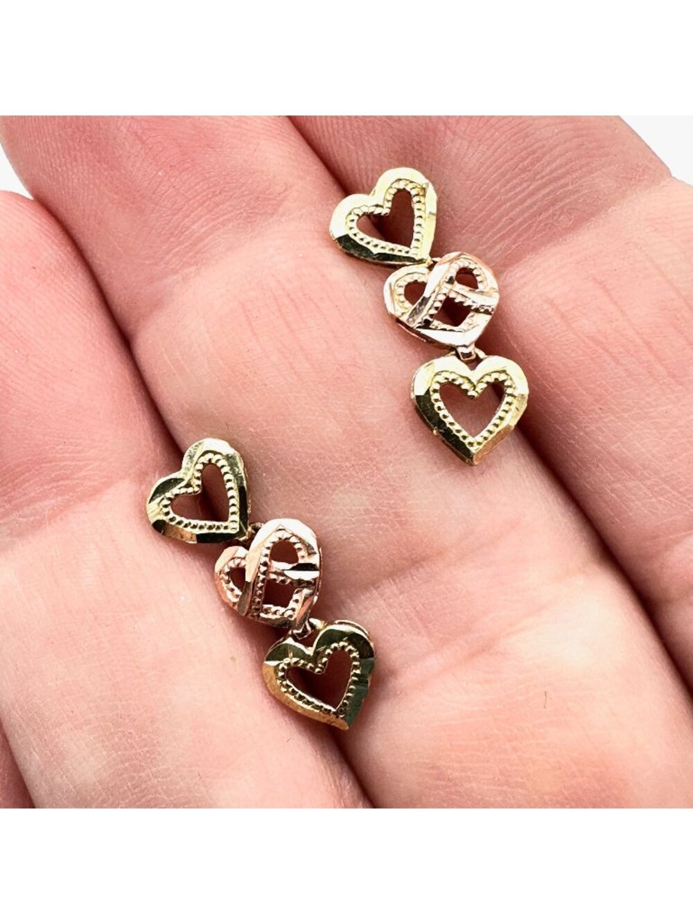10K Yellow & Rose Gold Etched Heart Chandelier 3/4 Inch Earrings